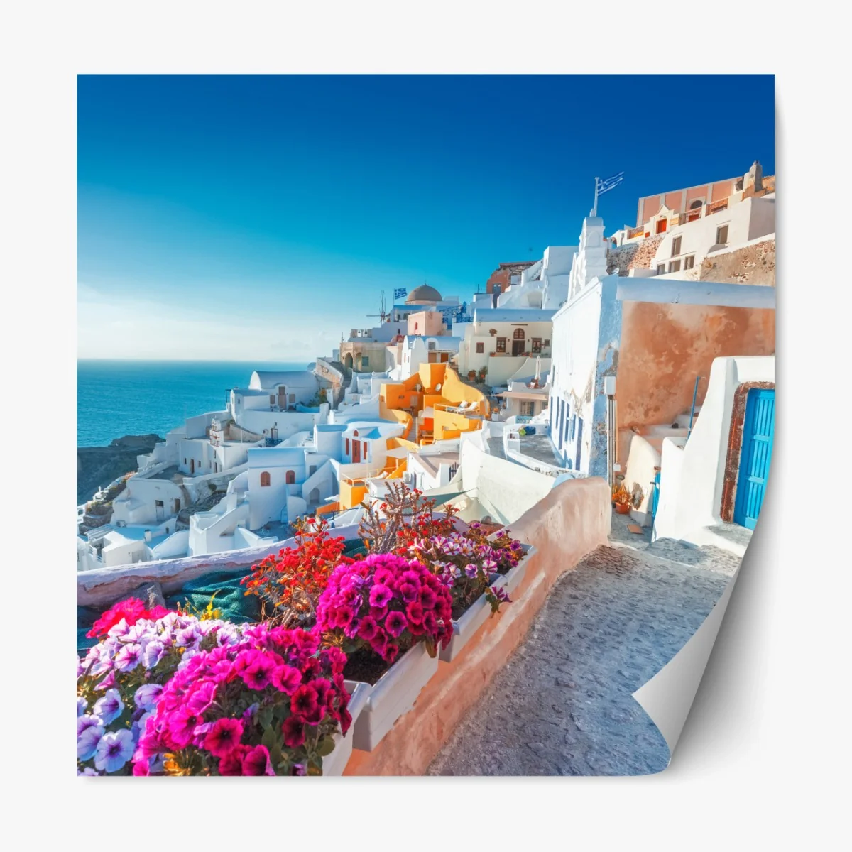 Repositionierbarer Aufkleber sonniges Santorini am klippenrand – Wallnifity® Repositionierbarer Aufkleber sonniges Santorini am klippenrand – Wallnifity®