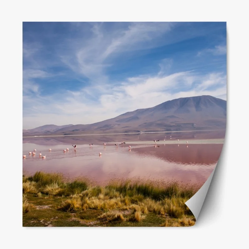 Repositionierbarer Aufkleber rosa lagune mit flamingos und bergspiegelung