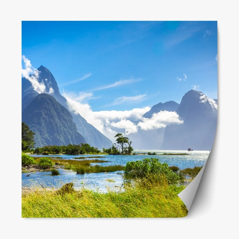 Repositionierbarer Aufkleber malerische berglandschaft am fjord