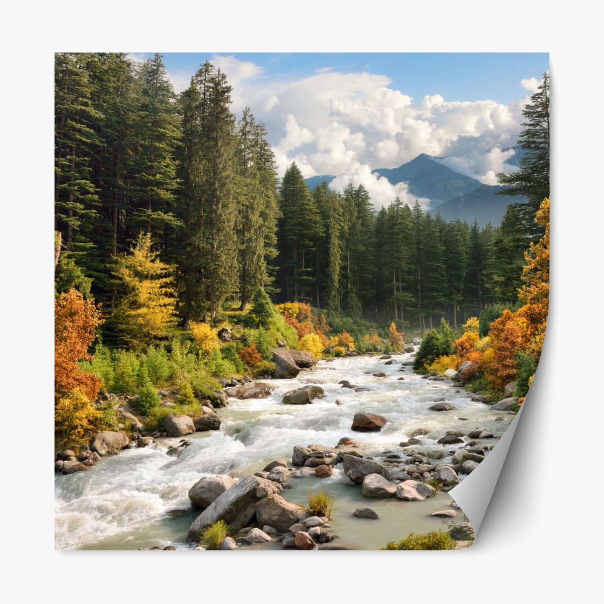 Repositionierbarer Aufkleber herbstliche berglandschaft mit fluss – Wallnifity® Repositionierbarer Aufkleber herbstliche berglandschaft mit fluss – Wallnifity®