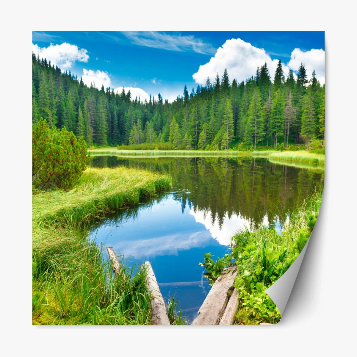 Repositionierbarer Aufkleber ruhiger waldsee mit hölzerner brücke – Wallnifity®