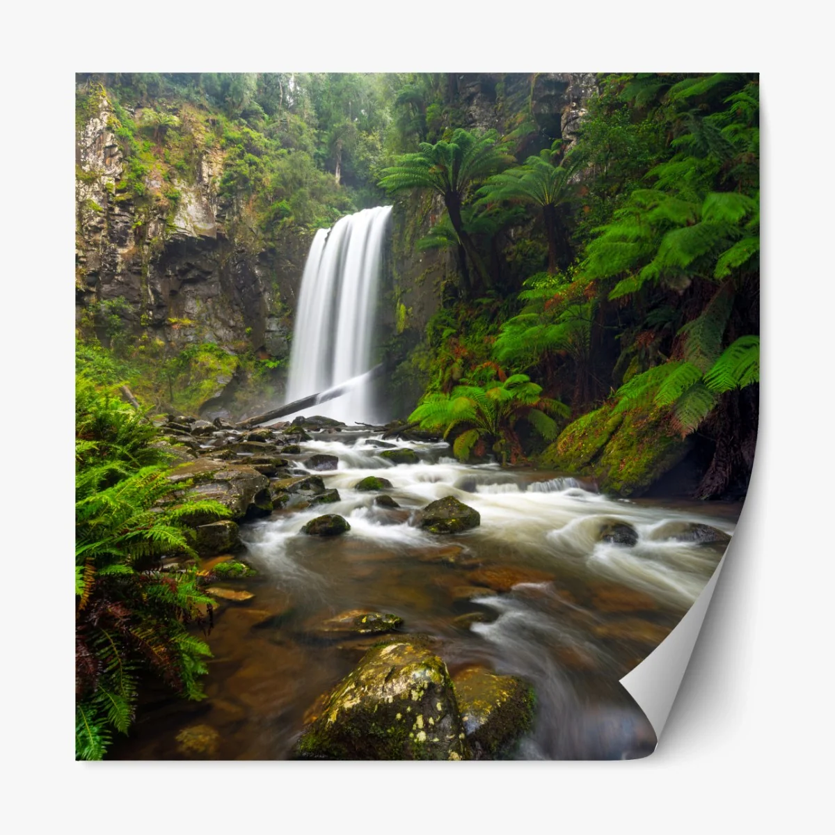 Repositionierbarer Aufkleber üppiger wasserfall im farnwald – Wallnifity®