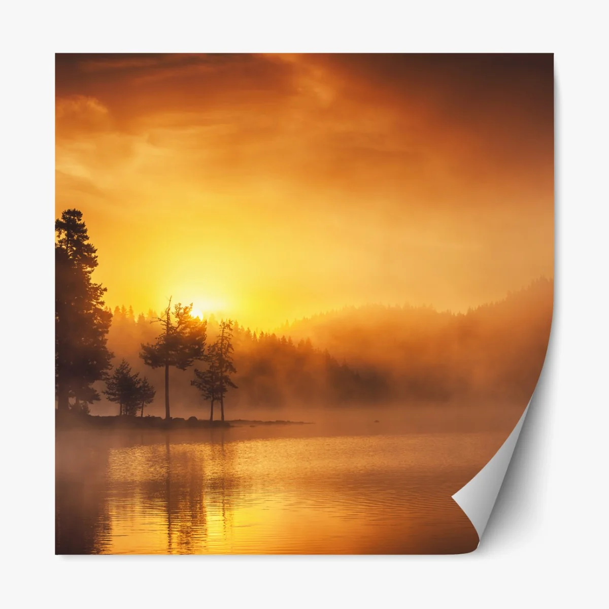 Repositionierbarer Aufkleber goldener sonnenaufgang über dem nebligen see – Wallnifity®