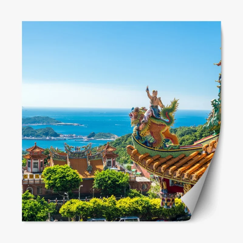 Repositionierbarer Aufkleber tempel mit blick auf die küste von Jiufen, Taiwan – Wallnifity® Repositionierbarer Aufkleber tempel mit blick auf die küste von Jiufen, Taiwan – Wallnifity®