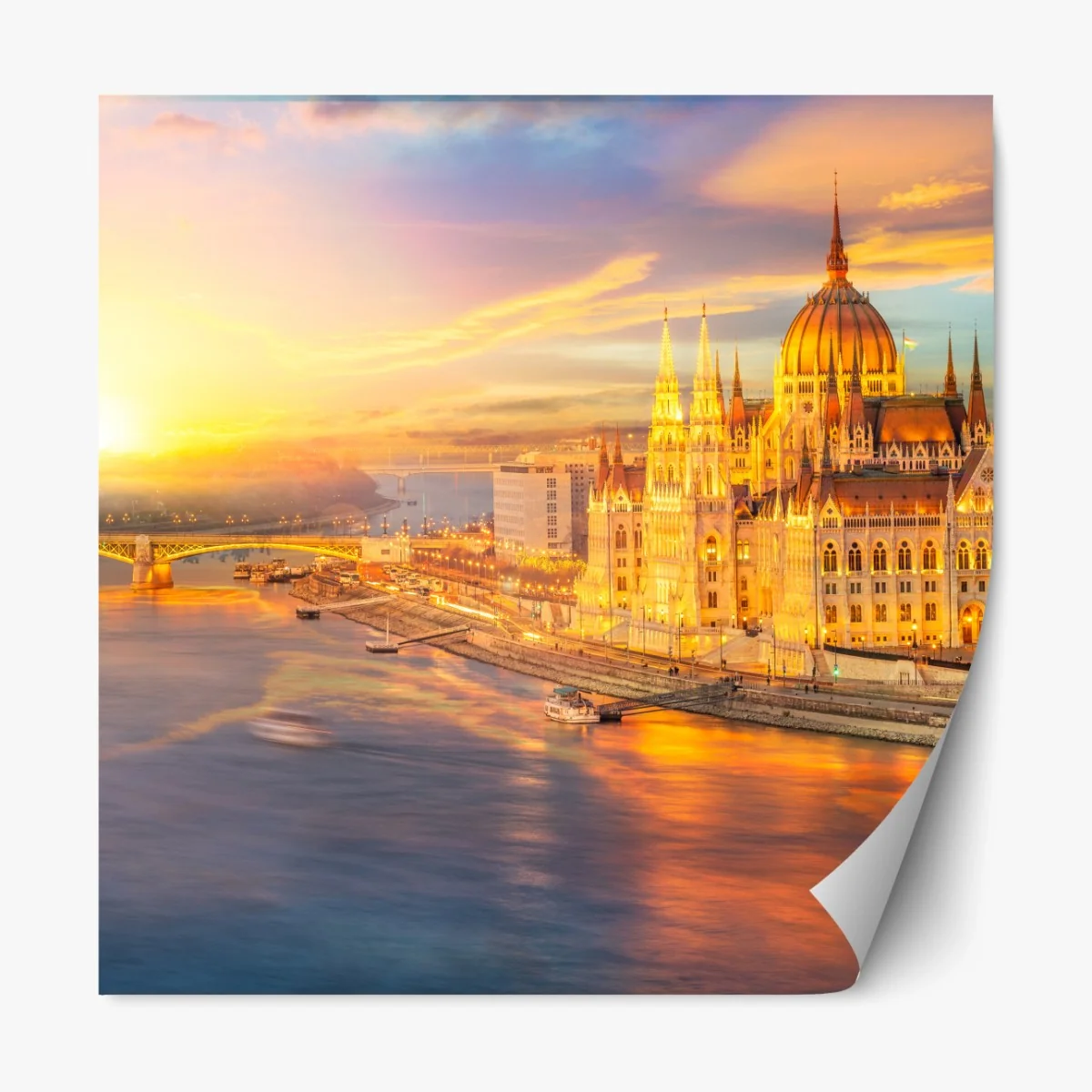 Repositionierbarer Aufkleber goldener sonnenuntergang über dem parlament von Budapest – Wallnifity®