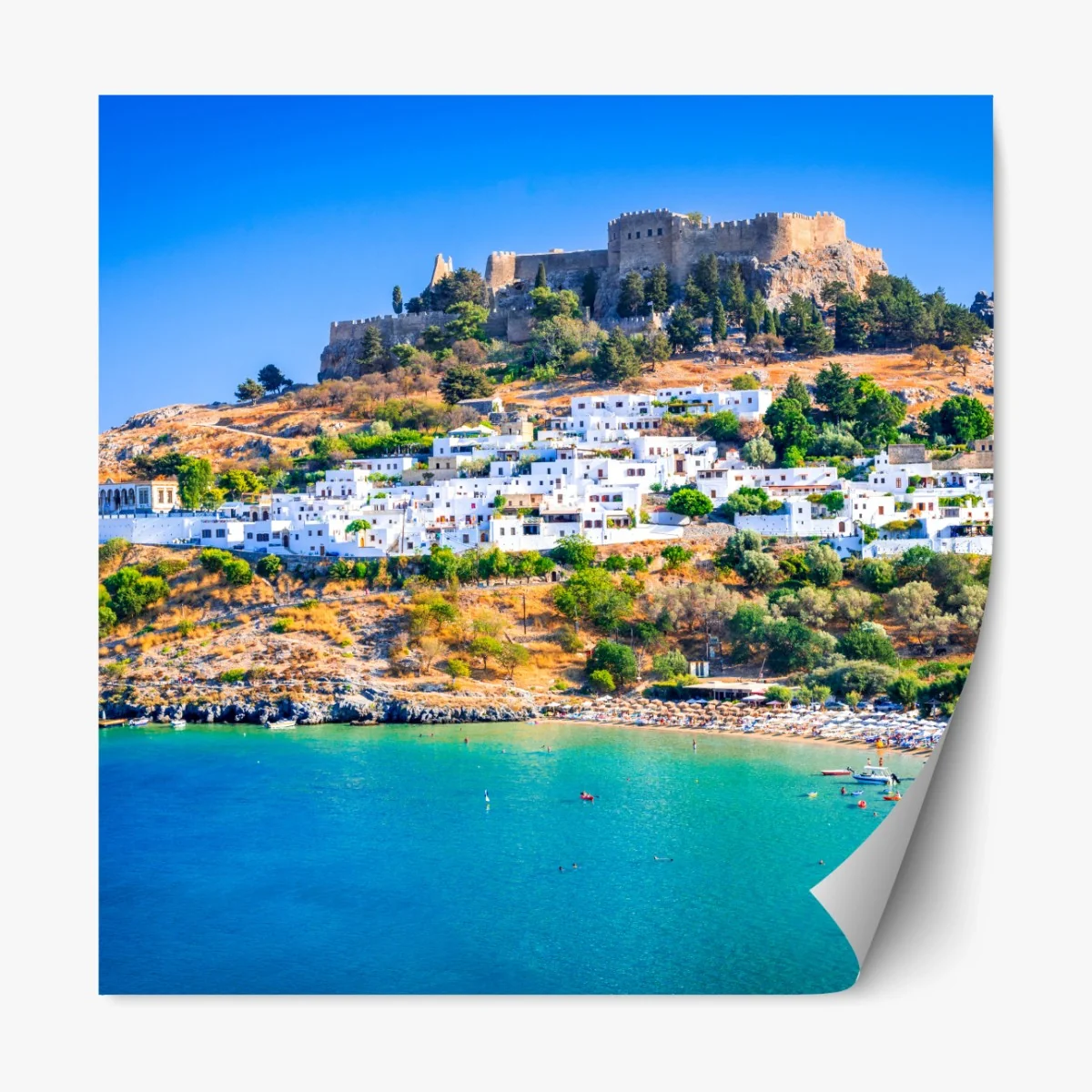 Repositionierbarer Aufkleber Lindos: akropolis über dem weißen dorf, Rhodos – Wallnifity® Repositionierbarer Aufkleber Lindos: akropolis über dem weißen dorf, Rhodos – Wallnifity®