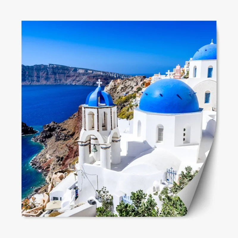 Repositionierbarer Aufkleber Santorini blaue kuppeln über der kaldera