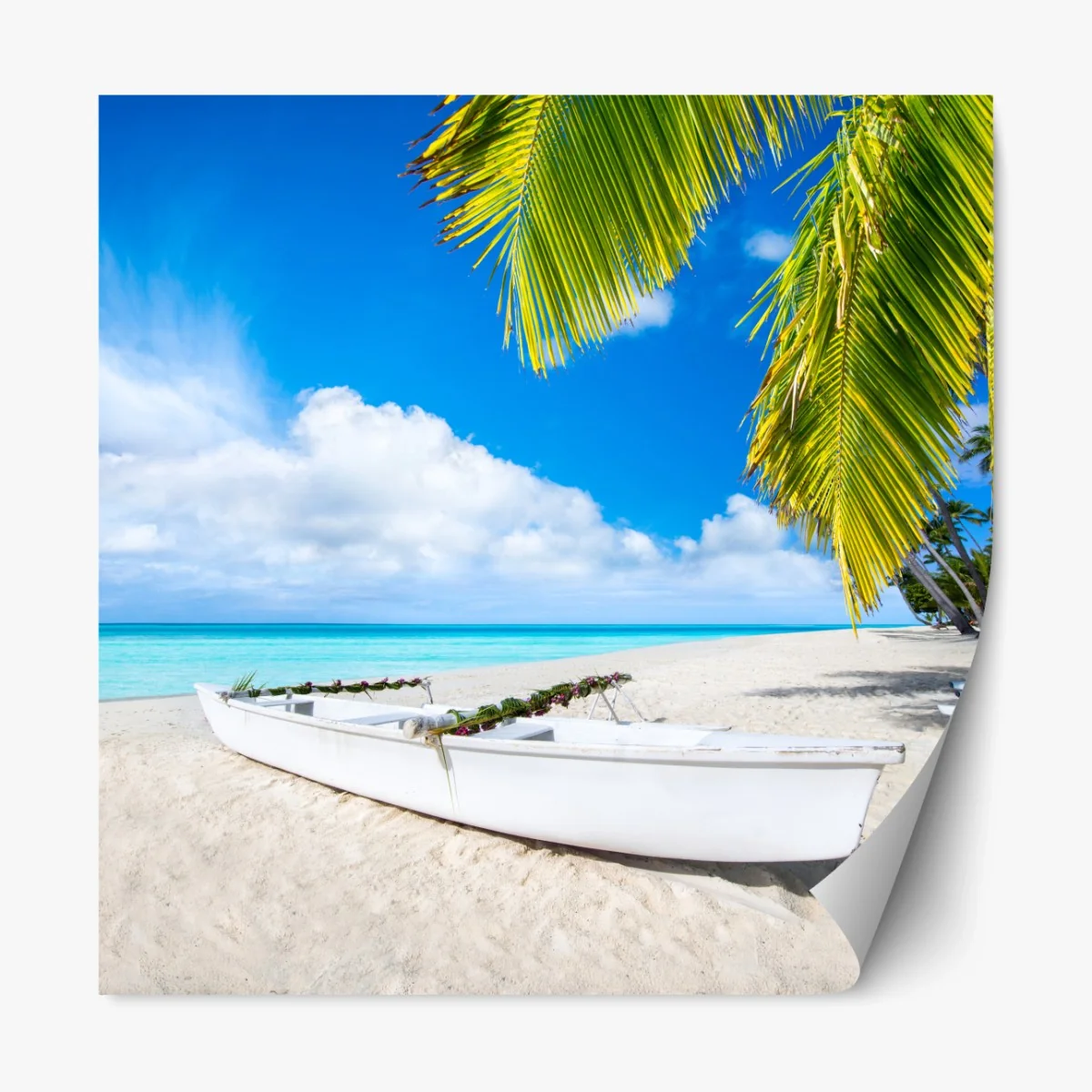 Repositionierbarer Aufkleber tropischer strand in türkis mit palmen und booten – Wallnifity® Repositionierbarer Aufkleber tropischer strand in türkis mit palmen und booten – Wallnifity®