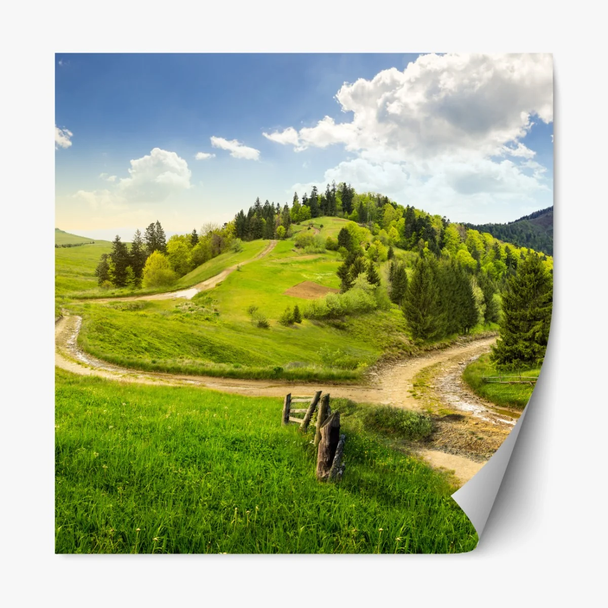 Repositionierbarer Aufkleber gewundener feldweg durch grüne hügel – Wallnifity®