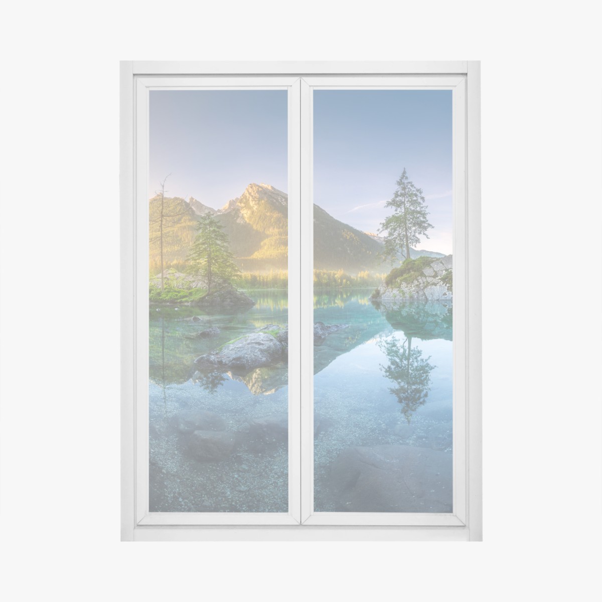Fensteraufkleber alpensee bei sonnenaufgang mit spiegelnder reflexion – Wallnifity® Fensteraufkleber alpensee bei sonnenaufgang mit spiegelnder reflexion – Wallnifity®