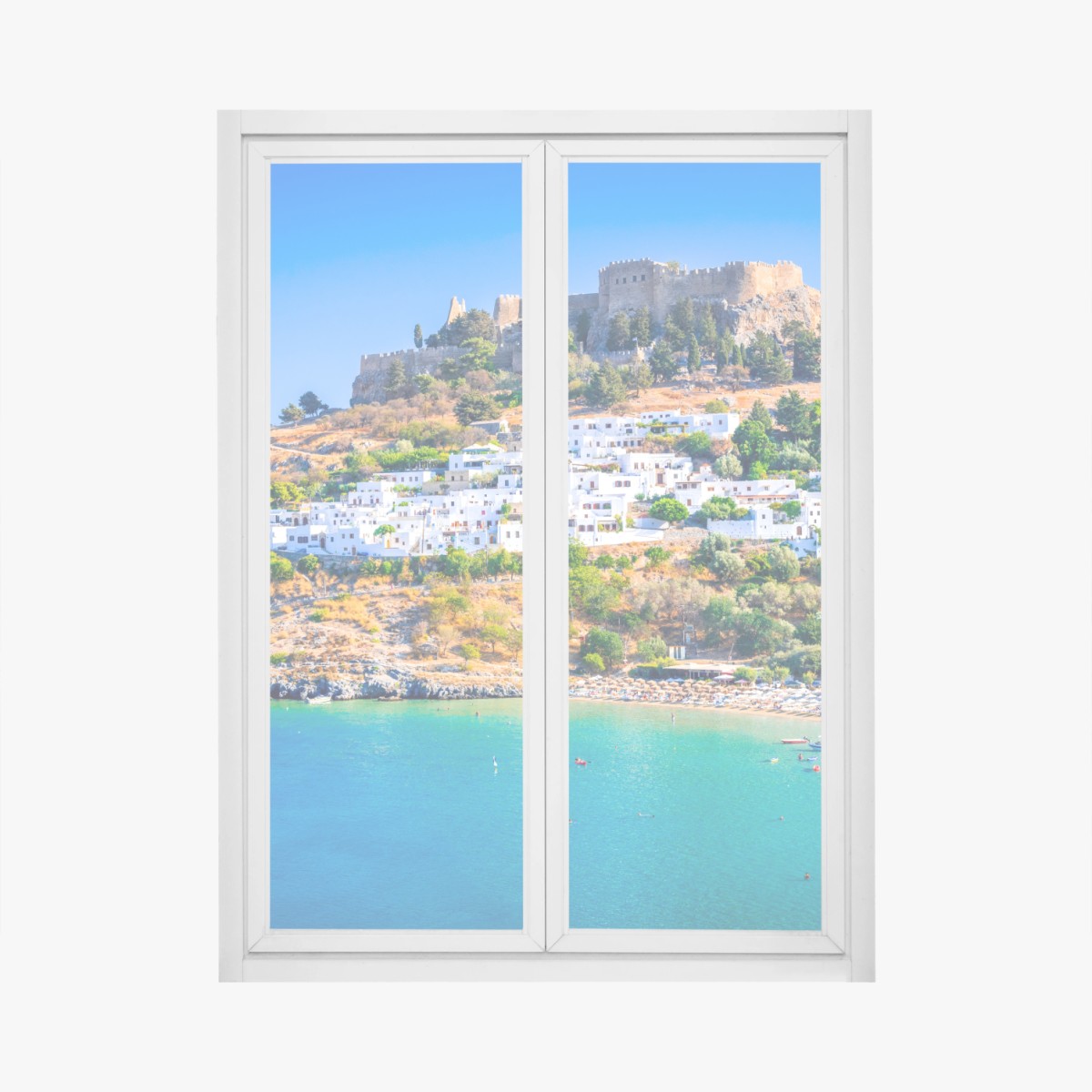 Fensteraufkleber Lindos: akropolis über dem weißen dorf, Rhodos – Wallnifity® Fensteraufkleber Lindos: akropolis über dem weißen dorf, Rhodos – Wallnifity®