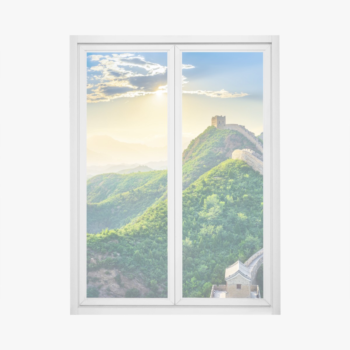 Fensteraufkleber Chinesische Mauer bei sonnenaufgang über grünen bergen – Wallnifity® Fensteraufkleber Chinesische Mauer bei sonnenaufgang über grünen bergen – Wallnifity®