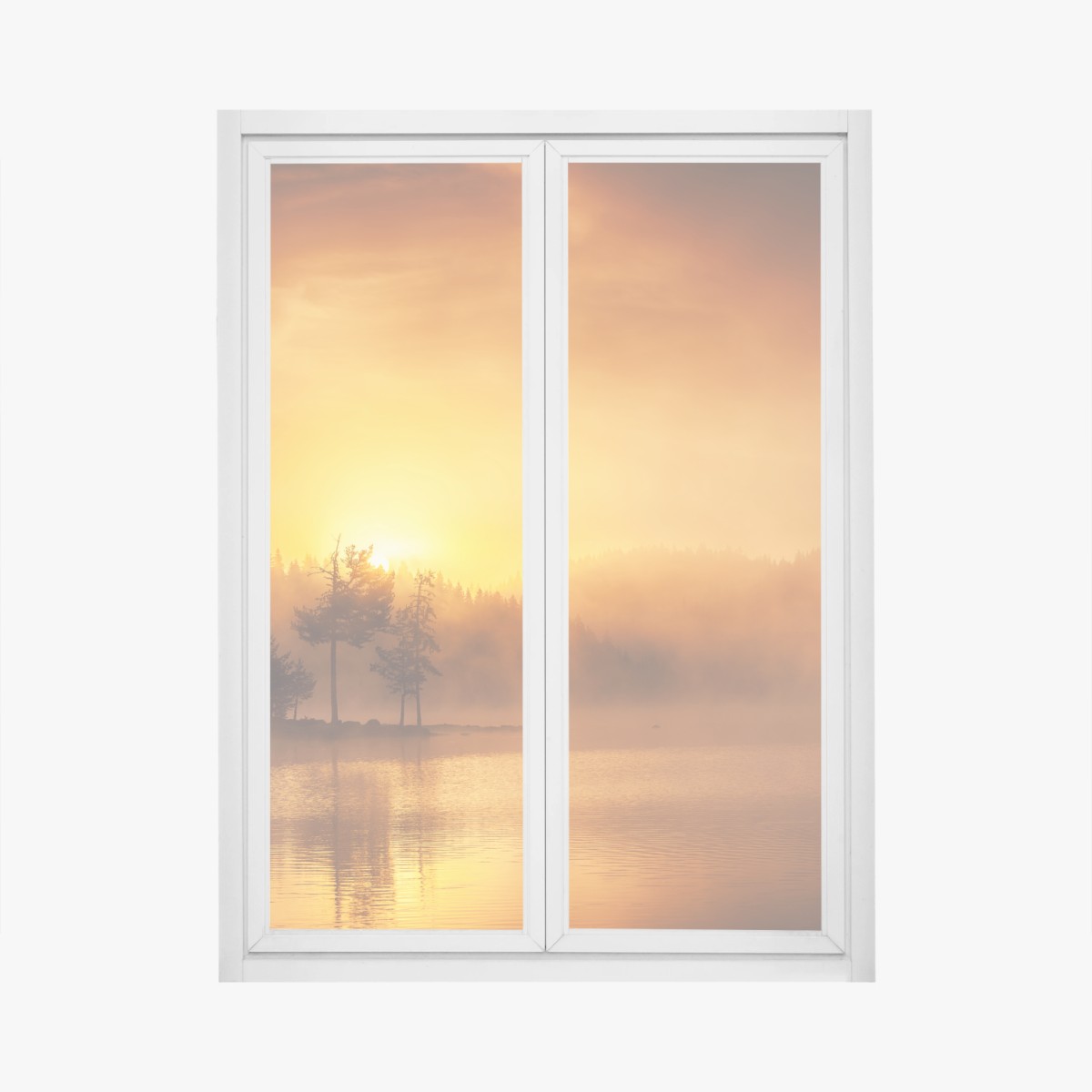 Fensteraufkleber goldener sonnenaufgang über dem nebligen see – Wallnifity® Fensteraufkleber goldener sonnenaufgang über dem nebligen see – Wallnifity®