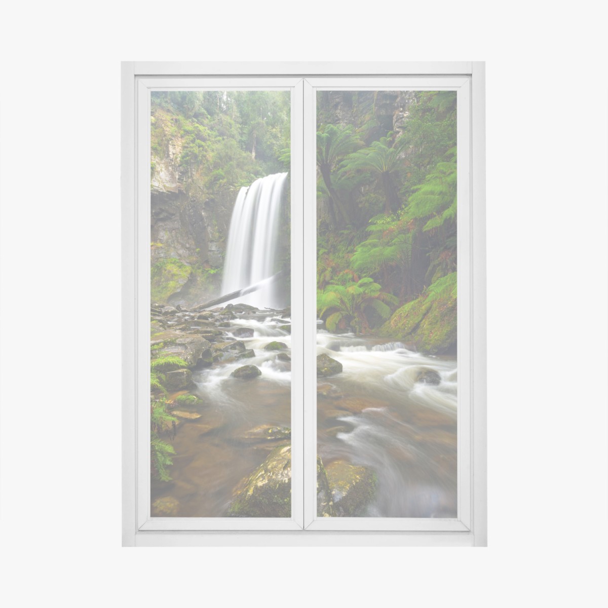 Fensteraufkleber üppiger wasserfall im farnwald – Wallnifity®