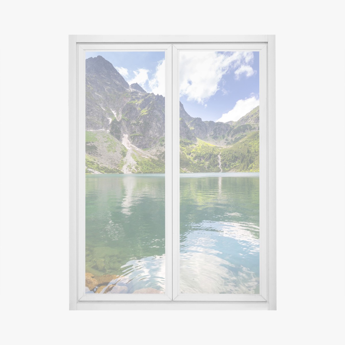 Fensteraufkleber ruhiger smaragdgrüner bergsee vor schroffen gipfeln – Wallnifity® Fensteraufkleber ruhiger smaragdgrüner bergsee vor schroffen gipfeln – Wallnifity®