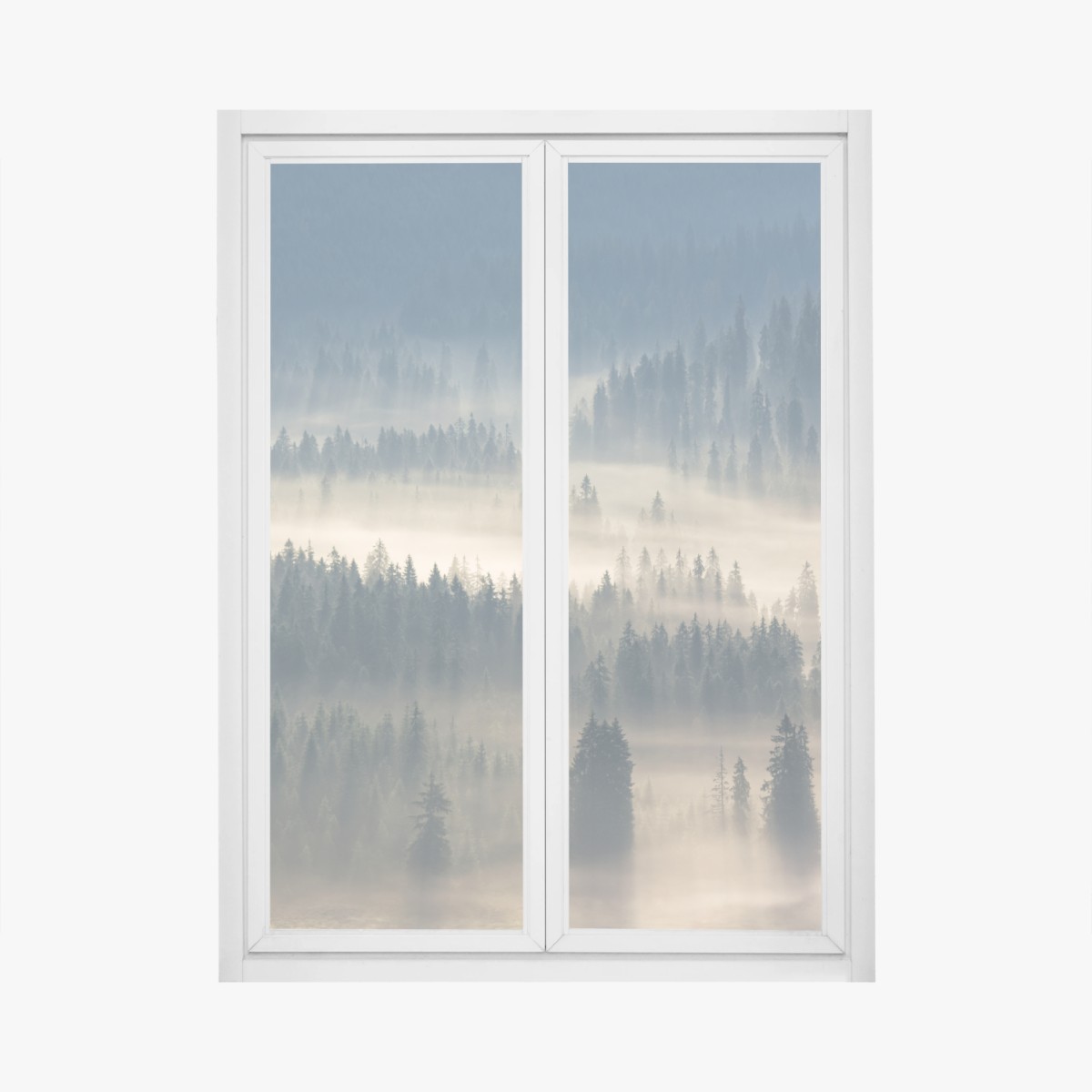 Fensteraufkleber nebliger nadelwald im morgengrauen – Wallnifity® Fensteraufkleber nebliger nadelwald im morgengrauen – Wallnifity®