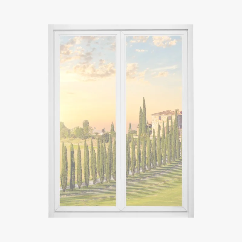 Fensteraufkleber Toskana sonnenuntergang zypressenallee