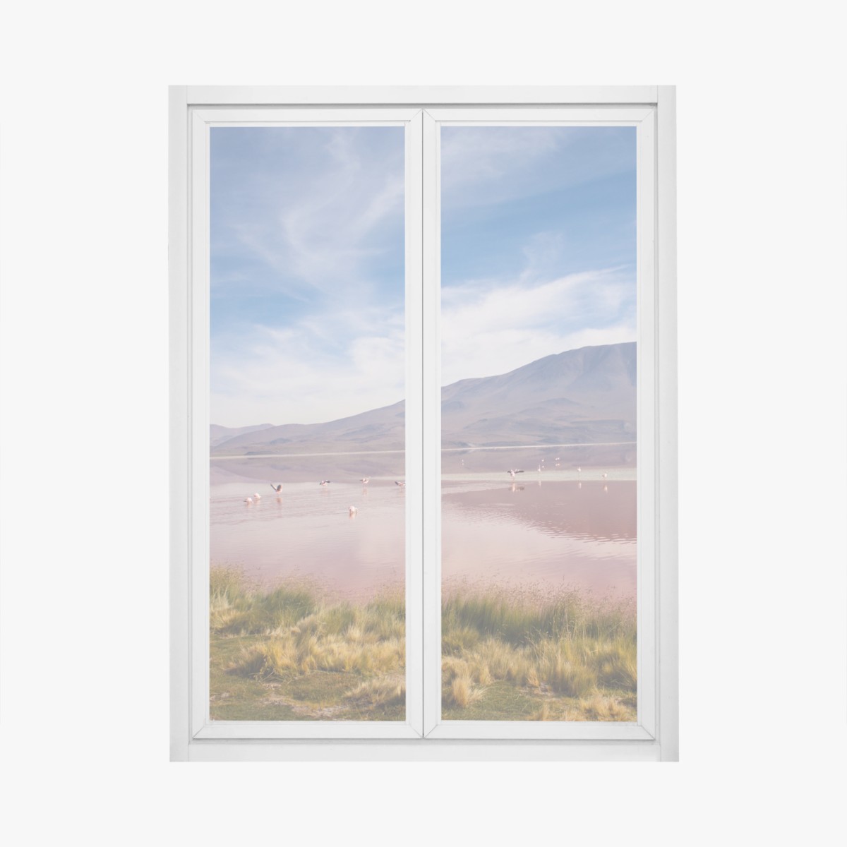 Fensteraufkleber rosa lagune mit flamingos und bergspiegelung – Wallnifity® Fensteraufkleber rosa lagune mit flamingos und bergspiegelung – Wallnifity®
