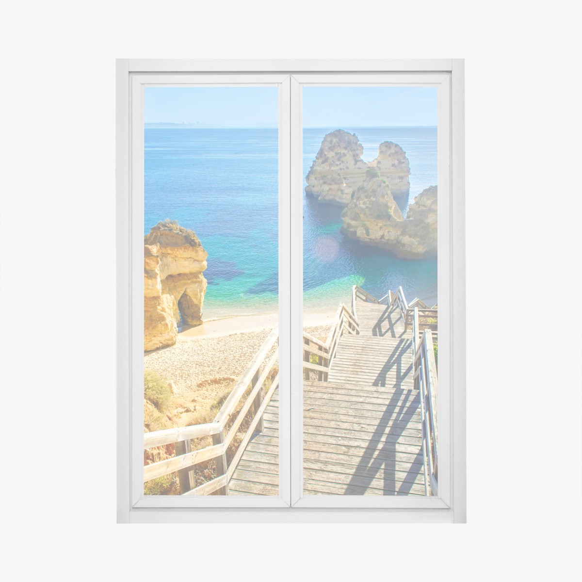 Fensteraufkleber sonnige treppe zur türkisfarbenen bucht – Wallnifity® Fensteraufkleber sonnige treppe zur türkisfarbenen bucht – Wallnifity®