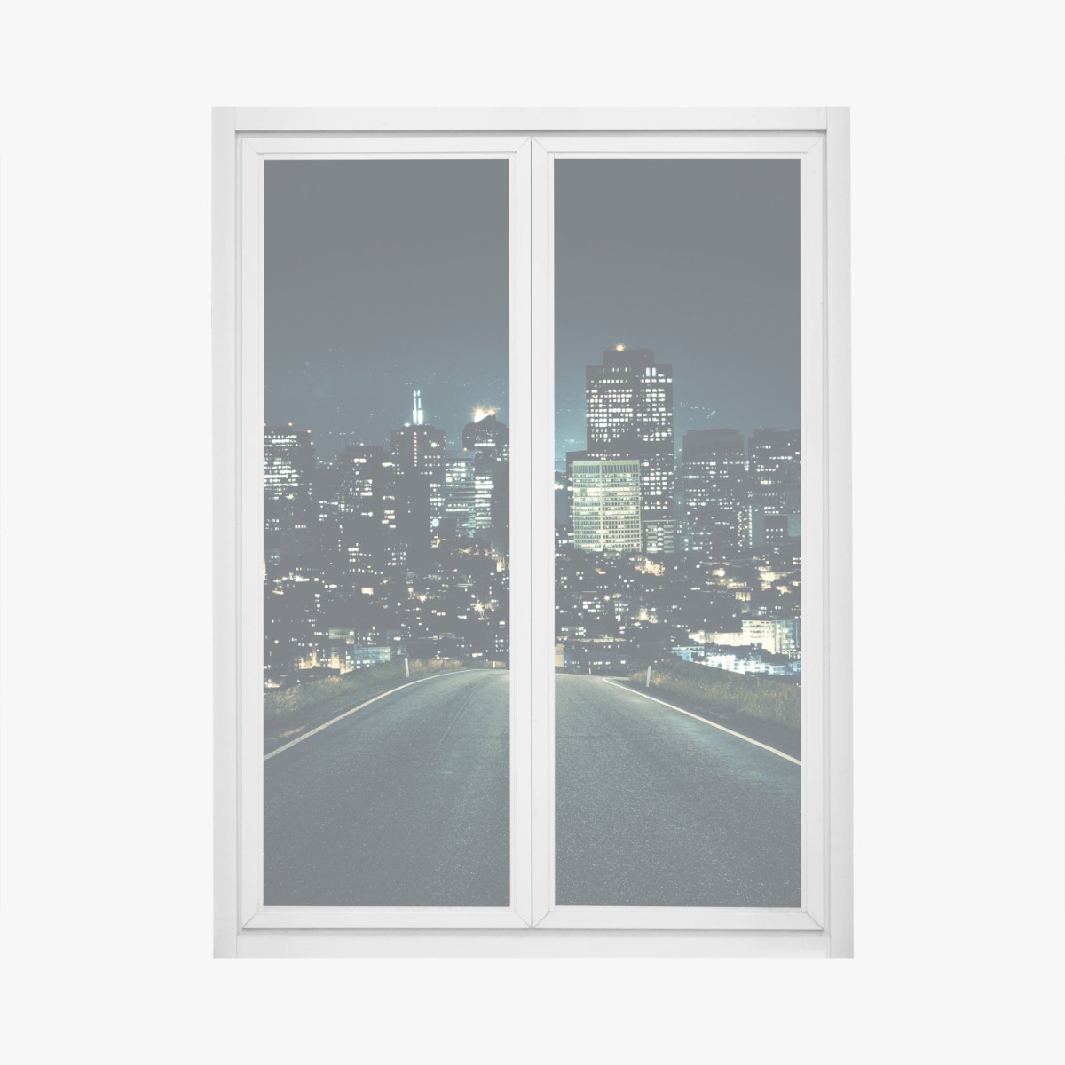 Fensteraufkleber straße zur beleuchteten stadtsilhouette bei nacht – Wallnifity® Fensteraufkleber straße zur beleuchteten stadtsilhouette bei nacht – Wallnifity®