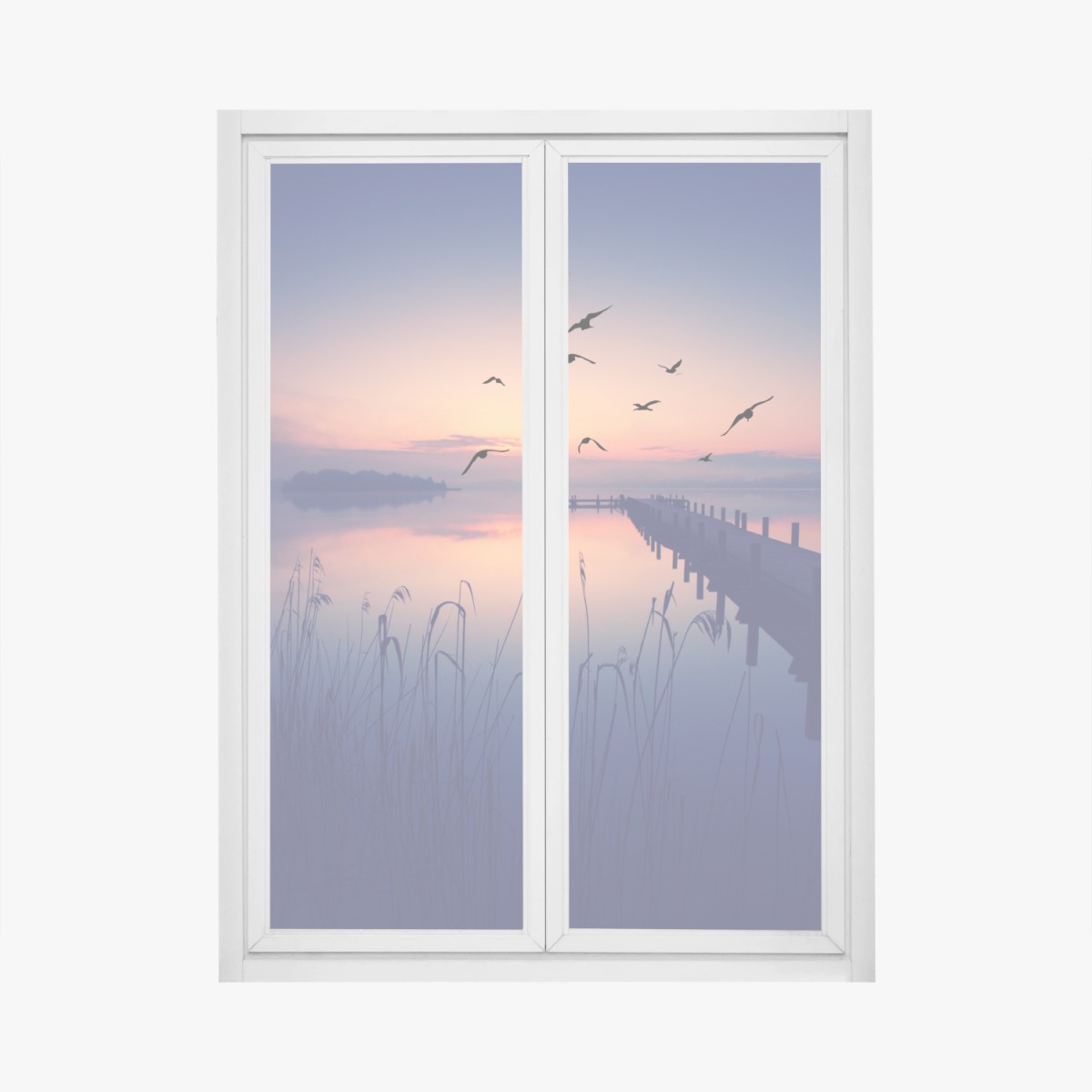 Fensteraufkleber ruhiger sonnenaufgang am see mit vögeln – Wallnifity® Fensteraufkleber ruhiger sonnenaufgang am see mit vögeln – Wallnifity®