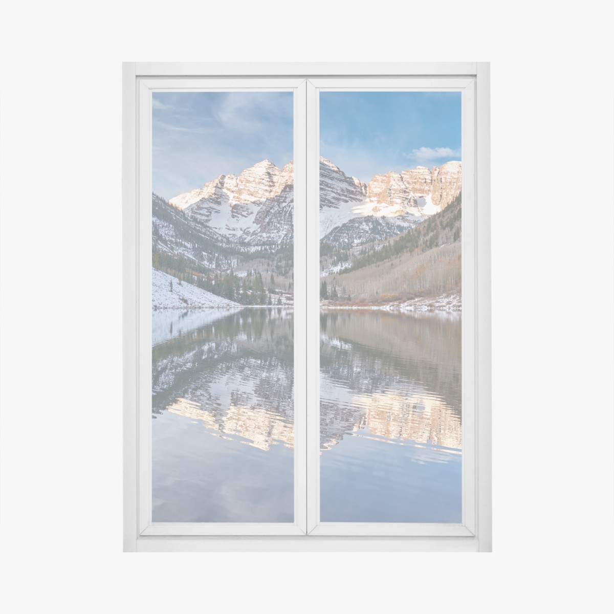 Fensteraufkleber ruhiger alpensee, der schneebedeckte gipfel und bunte herbstbäume spiegelt – Wallnifity® Fensteraufkleber ruhiger alpensee, der schneebedeckte gipfel und bunte herbstbäume spiegelt – Wallnifity®