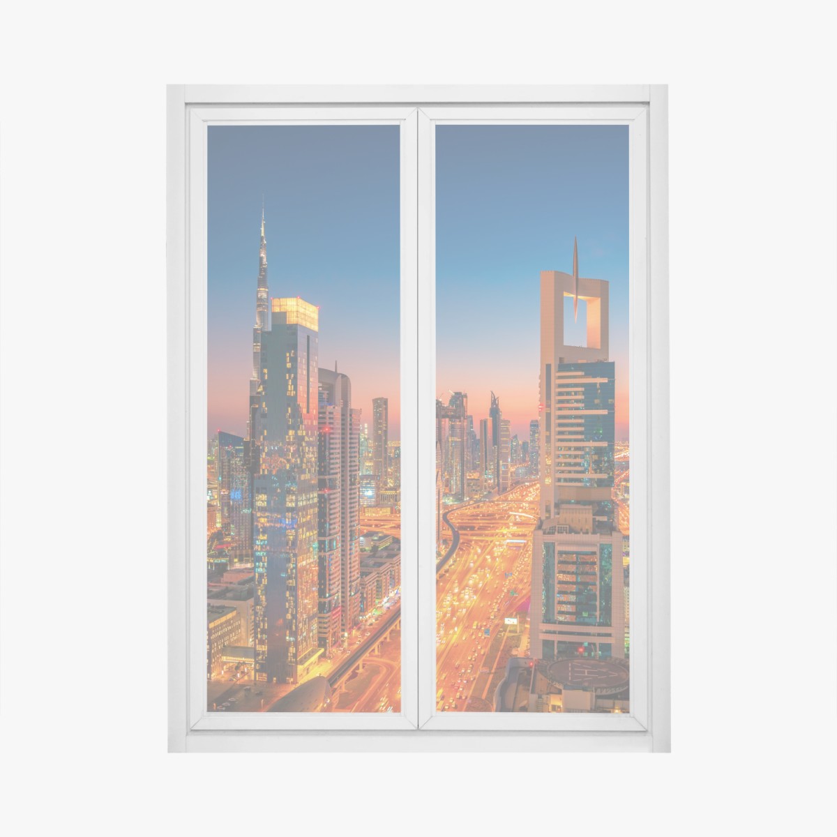 Fensteraufkleber Dubai skyline bei dämmerung – Wallnifity®