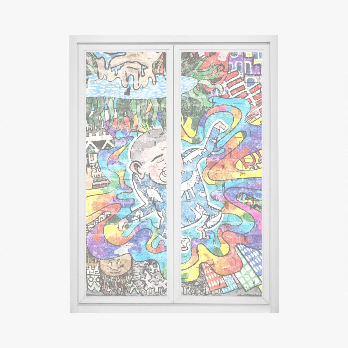 Fensteraufkleber buntes graffiti-mural mit träumendem kind – Wallnifity® Fensteraufkleber buntes graffiti-mural mit träumendem kind – Wallnifity®