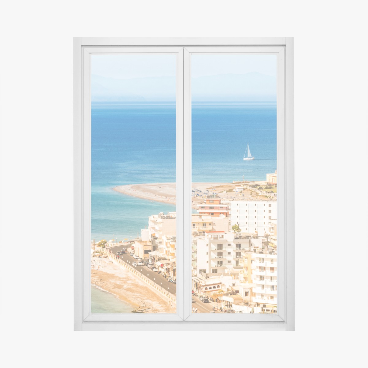 Fensteraufkleber sonnige küstenstadt-panorama mit segelboot – Wallnifity®