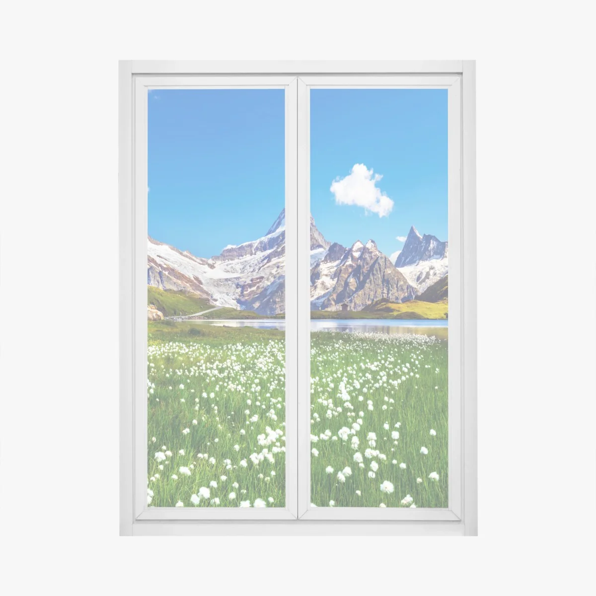 Fensteraufkleber alpensee mit blumenwiese und berggipfeln – Wallnifity® Fensteraufkleber alpensee mit blumenwiese und berggipfeln – Wallnifity®