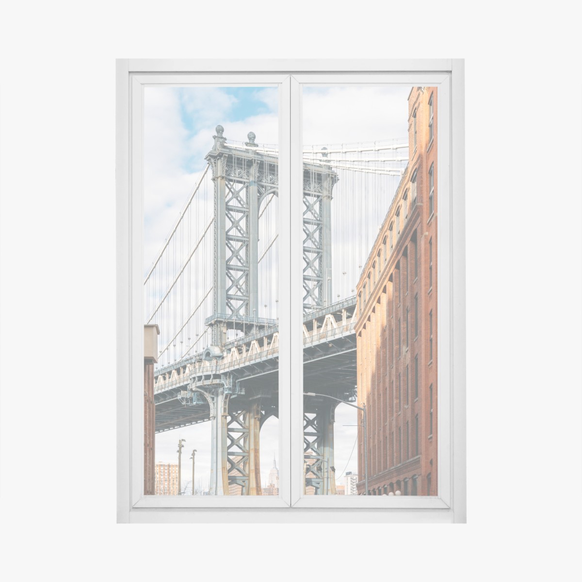 Fensteraufkleber Brooklyn brücke eingerahmt von backsteingebäuden – Wallnifity® Fensteraufkleber Brooklyn brücke eingerahmt von backsteingebäuden – Wallnifity®