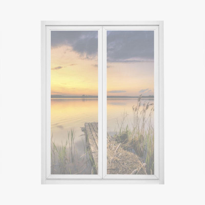 Fensteraufkleber goldener sonnenuntergang am see mit steg