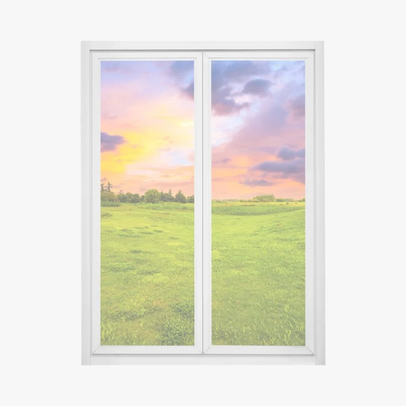 Fensteraufkleber sonnenaufgang über einem nebligen bergrücken mit steinweg – Wallnifity®