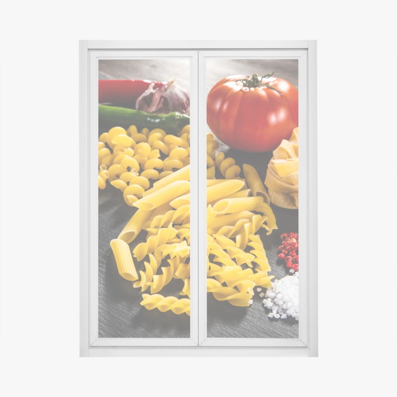 Fensteraufkleber verschiedene trockene nudeln und frische zutaten