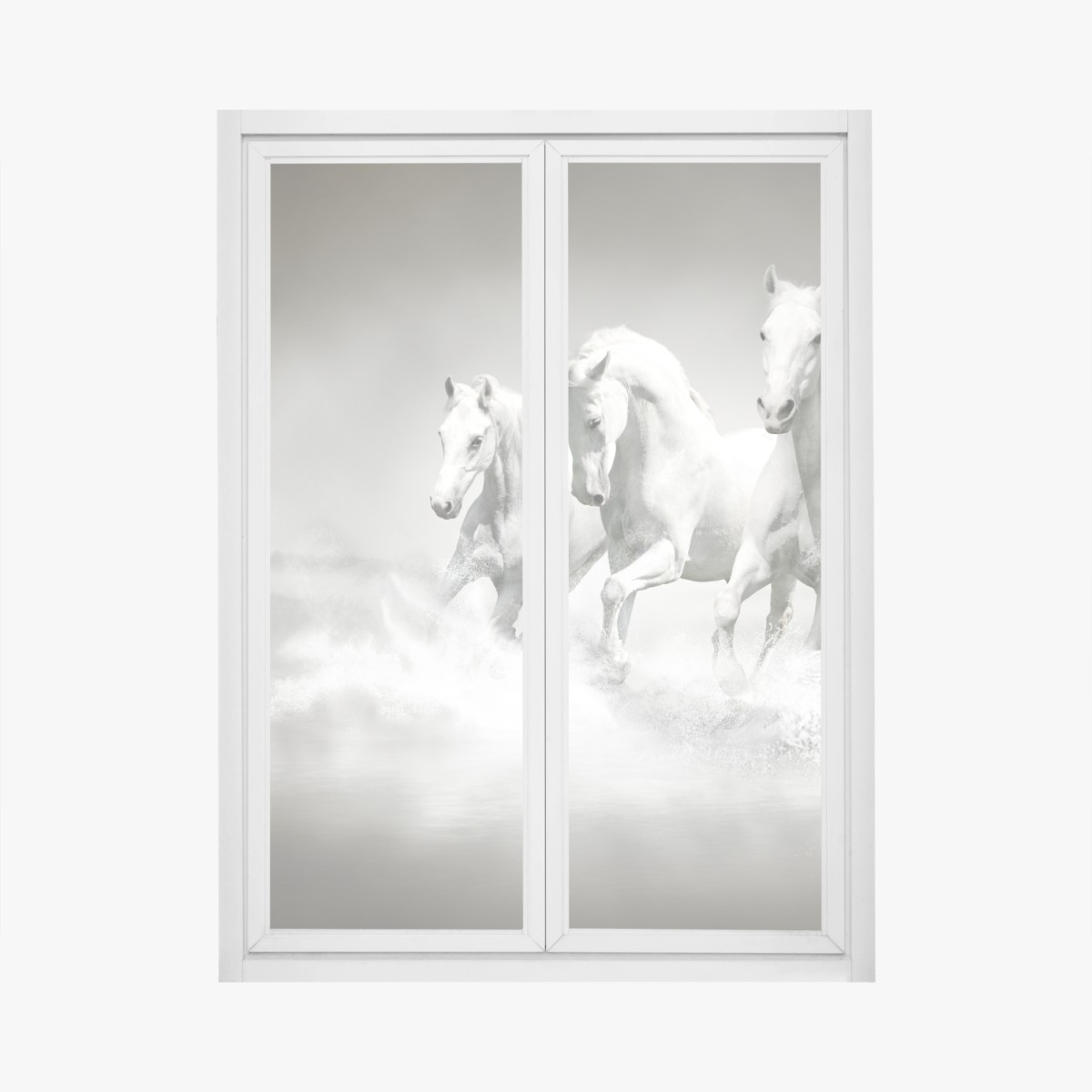 Fensteraufkleber drei weiße pferde im galopp durch wasser – Wallnifity®