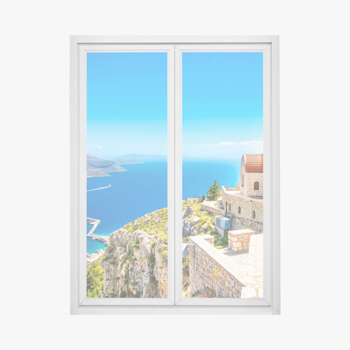 Fensteraufkleber griechische kirche auf klippe über dem meer – Wallnifity®