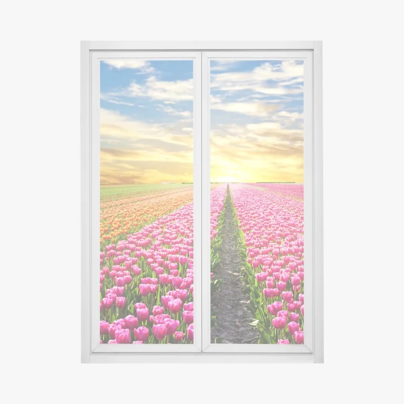 Fensteraufkleber sonnenaufgang über tulpenfeldern in den Niederlanden
