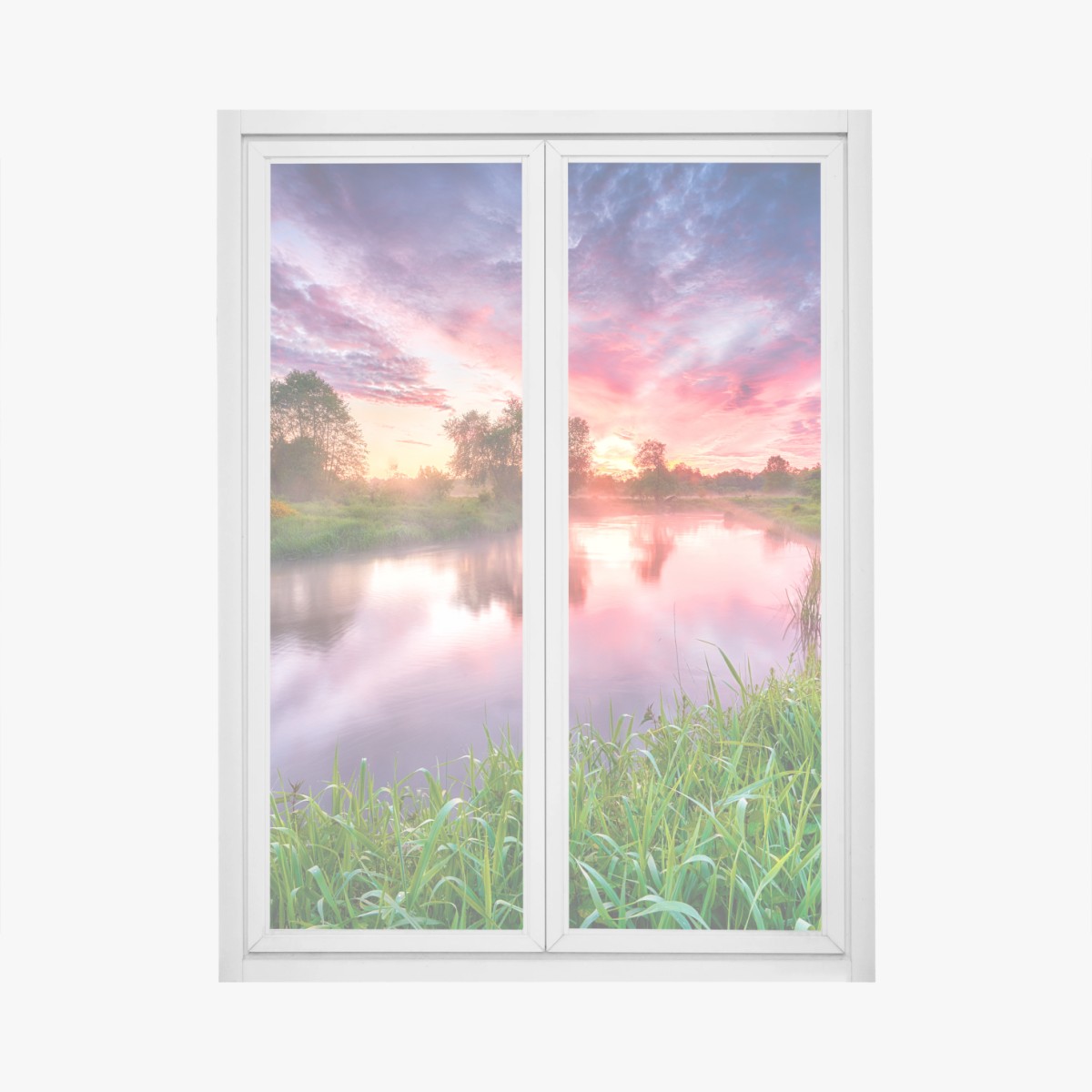 Fensteraufkleber ruhiger sommer sonnenaufgang am flussufer – Wallnifity® Fensteraufkleber ruhiger sommer sonnenaufgang am flussufer – Wallnifity®