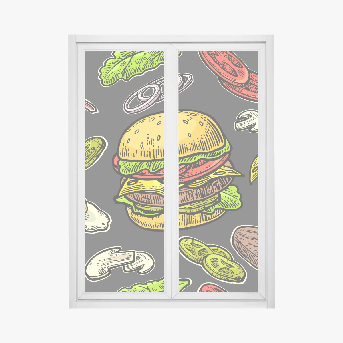 Fensteraufkleber buntes burger-muster mit zutaten – Wallnifity®