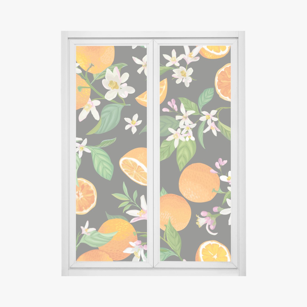 Fensteraufkleber orangeblüten- und zitrusmuster auf dunklem hintergrund – Wallnifity®