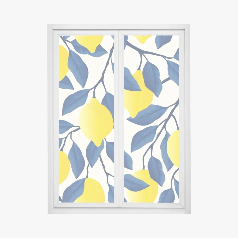 Fensteraufkleber lebhaftes zitronenmuster mit blauen blättern – Wallnifity® Fensteraufkleber lebhaftes zitronenmuster mit blauen blättern – Wallnifity®