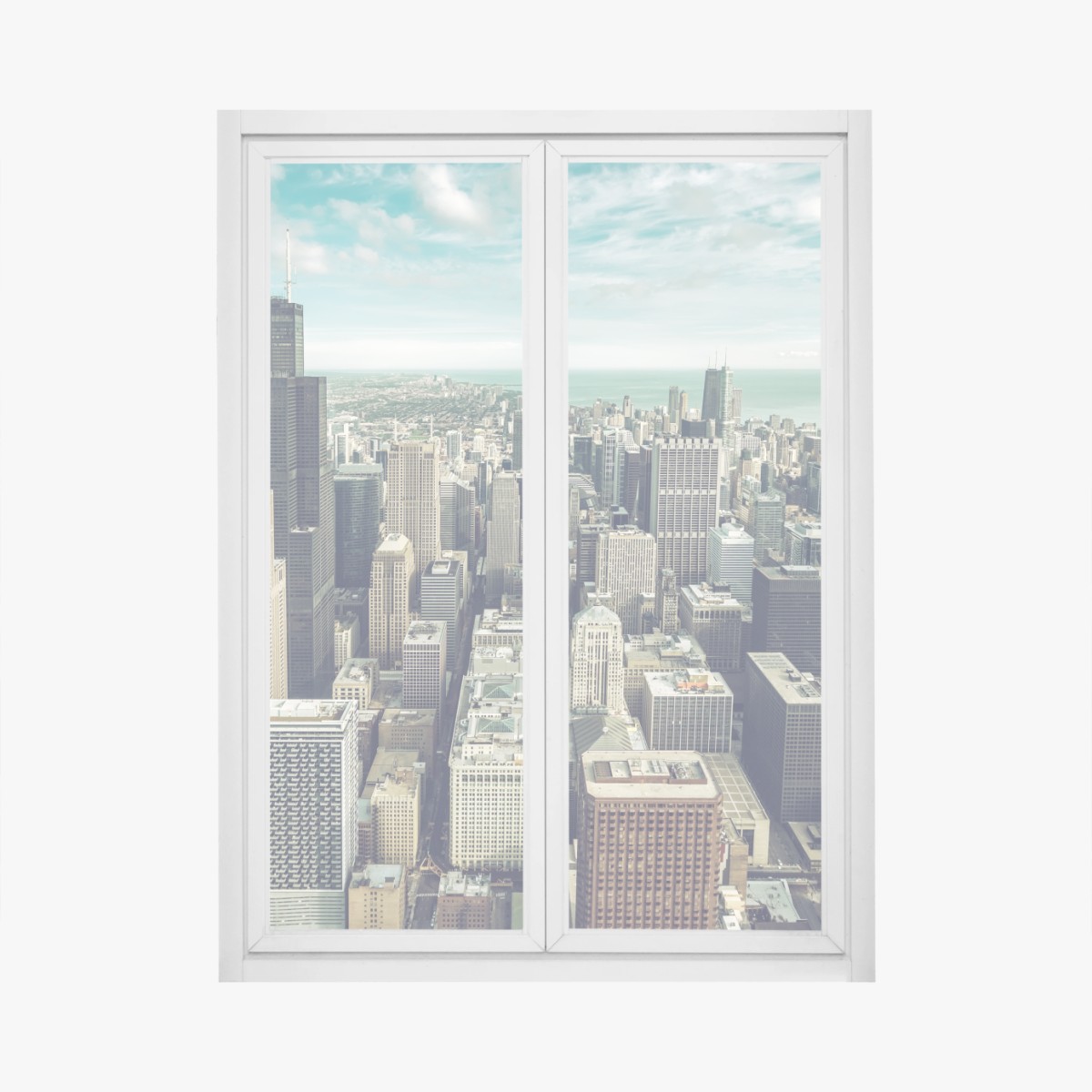 Fensteraufkleber Chicago luftaufnahme skyline in türkis vintage-tönen – Wallnifity® Fensteraufkleber Chicago luftaufnahme skyline in türkis vintage-tönen – Wallnifity®