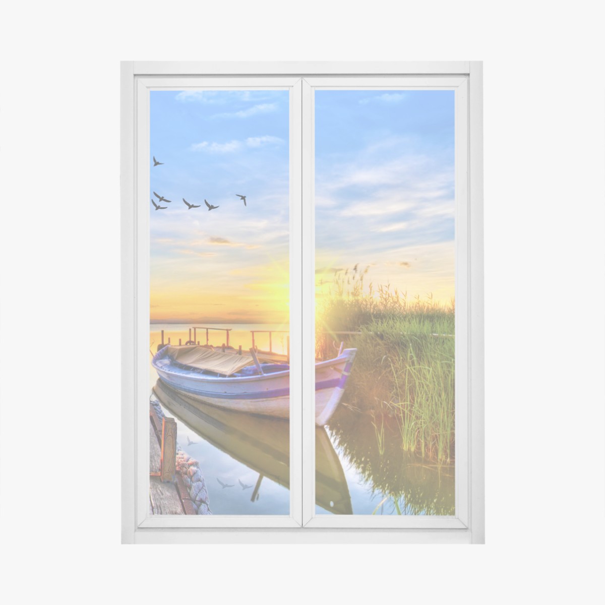 Fensteraufkleber sonnenuntergang am see mit boot am steg – Wallnifity®