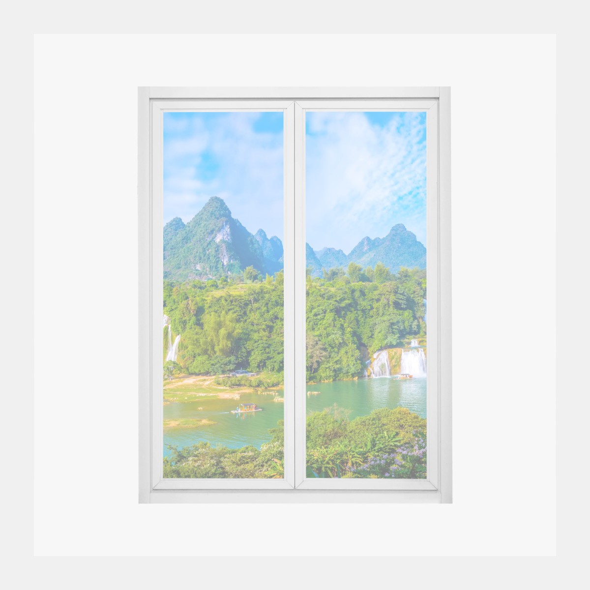 Fensteraufkleber üppige panoramaansicht eines wasserfalls mit karstbergen – Wallnifity®