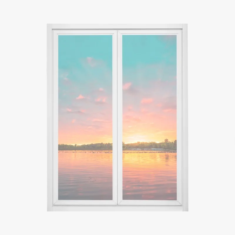 Fensteraufkleber goldener sonnenuntergang am see mit steg – Wallnifity®