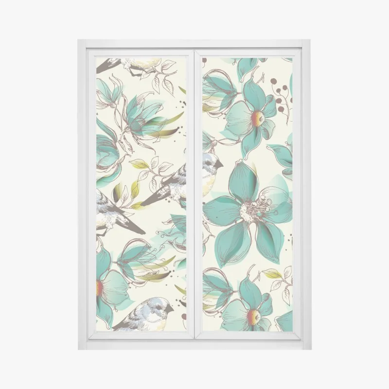 Fensteraufkleber retro türkis blumen- und vogelmuster