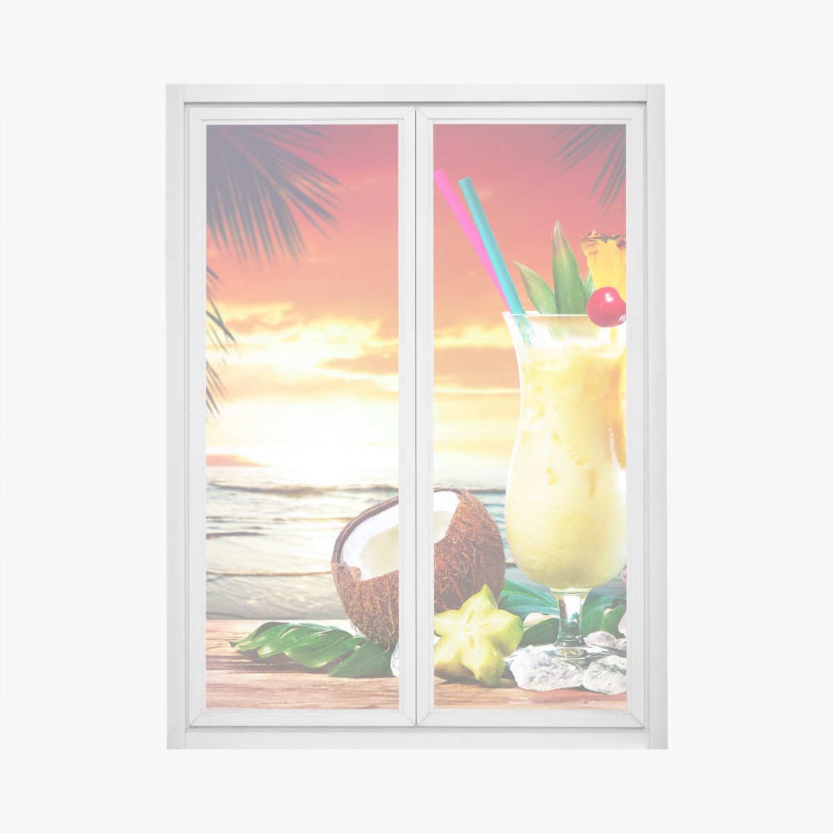 Fensteraufkleber tropischer kokos-ananas-cocktail am strand bei sonnenuntergang – Wallnifity®