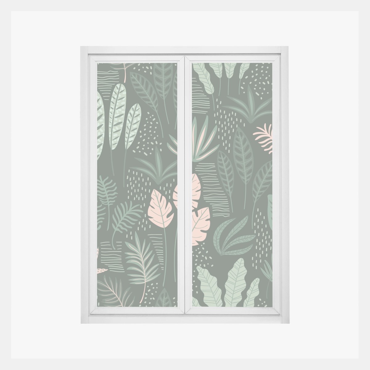 Fensteraufkleber tropisches blättermuster in sanften grüntönen und rosa – Wallnifity® Fensteraufkleber tropisches blättermuster in sanften grüntönen und rosa – Wallnifity®