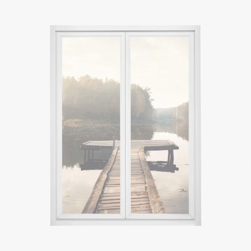 Fensteraufkleber herbstmorgen am see mit hölzernem steg – Wallnifity® Fensteraufkleber herbstmorgen am see mit hölzernem steg – Wallnifity®