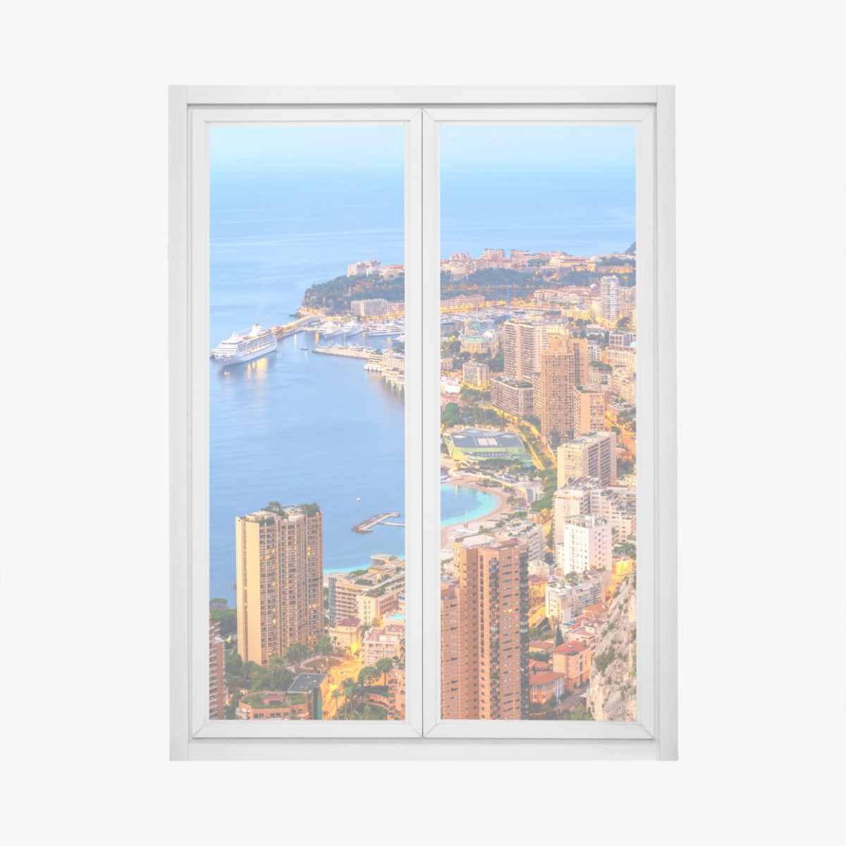 Fensteraufkleber Monaco küstenstadt panorama bei dämmerung – Wallnifity® Fensteraufkleber Monaco küstenstadt panorama bei dämmerung – Wallnifity®
